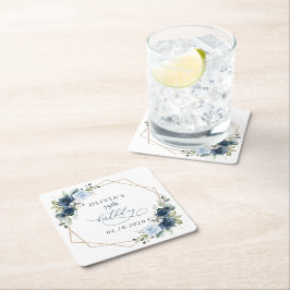 Posavasos Cuadrado De Papel Navy Flowers, Blue Flowers, Greenery, Birthday