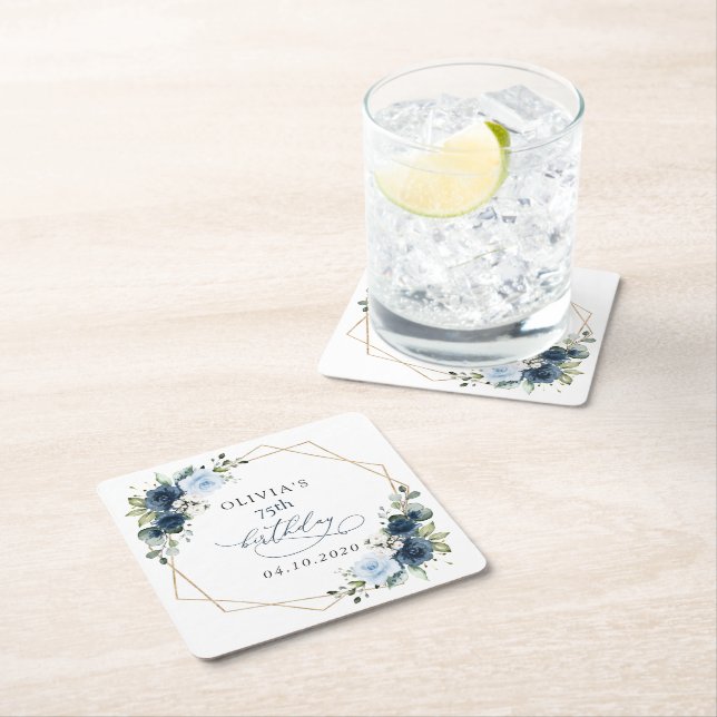 Posavasos Cuadrado De Papel Navy Flowers, Blue Flowers, Greenery, Birthday (In situ)