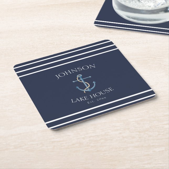 Posavasos Cuadrado De Papel Navy White Anchor Stripe Lake House Name (En perspectiva)