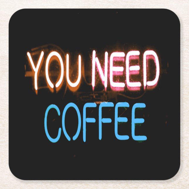 Posavasos Cuadrado De Papel Necesitas café, Caffine Neon Rótulo (Anverso)