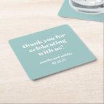Posavasos Cuadrado De Papel Negrita Aqua Blue Retro Custom Wedding Gracias<br><div class="desc">Añade un toque de atención a tu recepción de bodas o evento especial con estas galas personalizadas de agradecimiento. Con un diseño moderno y minimalista en un suave azul acuático con una elegante tipografía blanca, estas galerías son una manera elegante de mostrar aprecio a sus huéspedes. Personalizable con los nombres...</div>