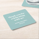 Posavasos Cuadrado De Papel Negrita Aqua Blue Retro Custom Wedding Gracias<br><div class="desc">Añade un toque de atención a tu recepción de bodas o evento especial con estas galas personalizadas de agradecimiento. Con un diseño moderno y minimalista en un suave azul acuático con una elegante tipografía blanca, estas galerías son una manera elegante de mostrar aprecio a sus huéspedes. Personalizable con los nombres...</div>