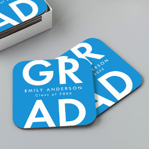 Posavasos Cuadrado De Papel Negrita Grad Blue Graduation Party