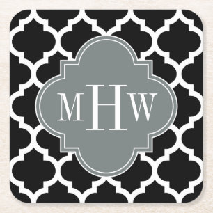 Posavasos Cuadrado De Papel Negro Blanco Marruecos #5 Carbón 3 Inicial Monogra