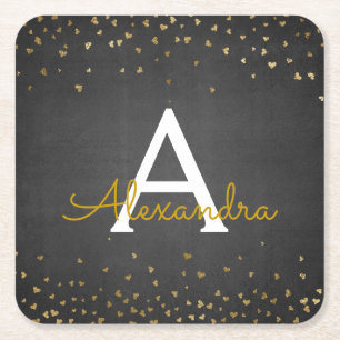 Posavasos Cuadrado De Papel Negro elegante - Monograma de Confetti Relieve met