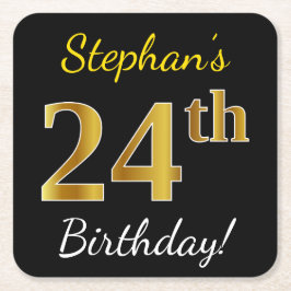 Posavasos Cuadrado De Papel Negro, Faux Gold 24th Birthday + Nombre personaliz