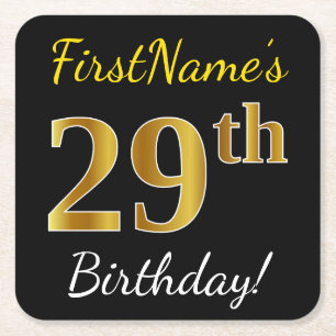 Posavasos Cuadrado De Papel Negro, Faux Gold 29th Birthday + Nombre personaliz