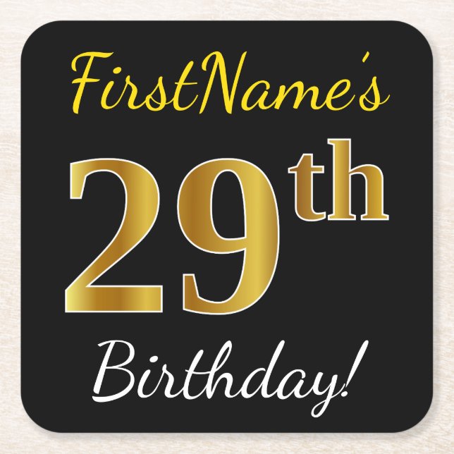 Posavasos Cuadrado De Papel Negro, Faux Gold 29th Birthday + Nombre personaliz (Anverso)