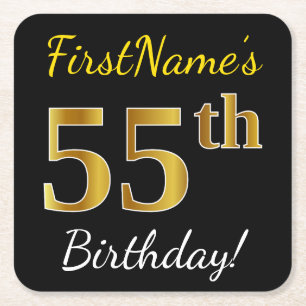 Posavasos Cuadrado De Papel Negro, Faux Gold 55 cumpleaños + Nombre personali