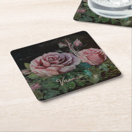 Posavasos Cuadrado De Papel Negro floral rosado
