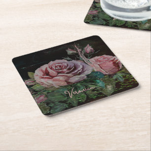 Posavasos Cuadrado De Papel Negro floral rosado