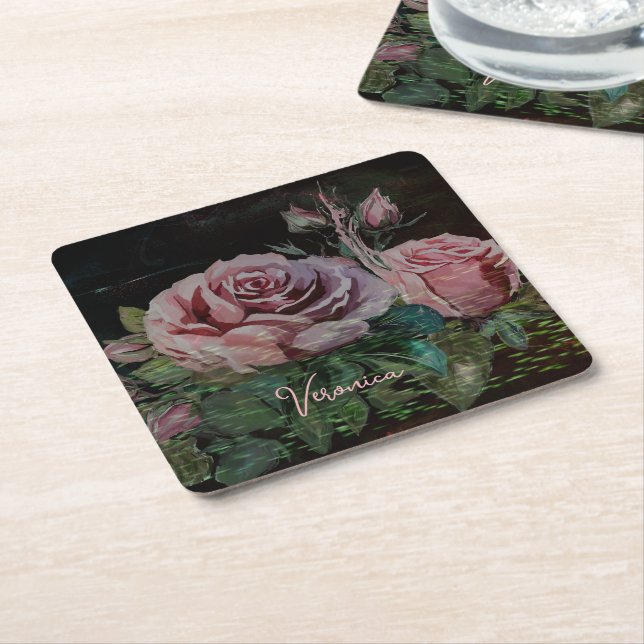 Posavasos Cuadrado De Papel Negro floral rosado (En perspectiva)
