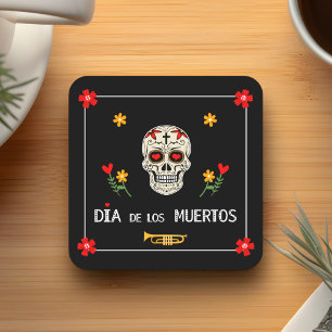 Posavasos Cuadrado De Papel Negro gótico Dia de los Muertos Flor de azucar