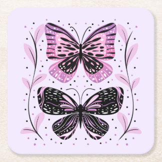 Posavasos Cuadrado De Papel Negro, rosa, mariposas púrpura