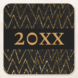 Posavasos Cuadrado De Papel Negro y Chevron esparcido | Año Nuevo Oro personal