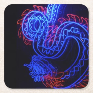 Posavasos Cuadrado De Papel Neon Blue Dragon fondo negro brillante