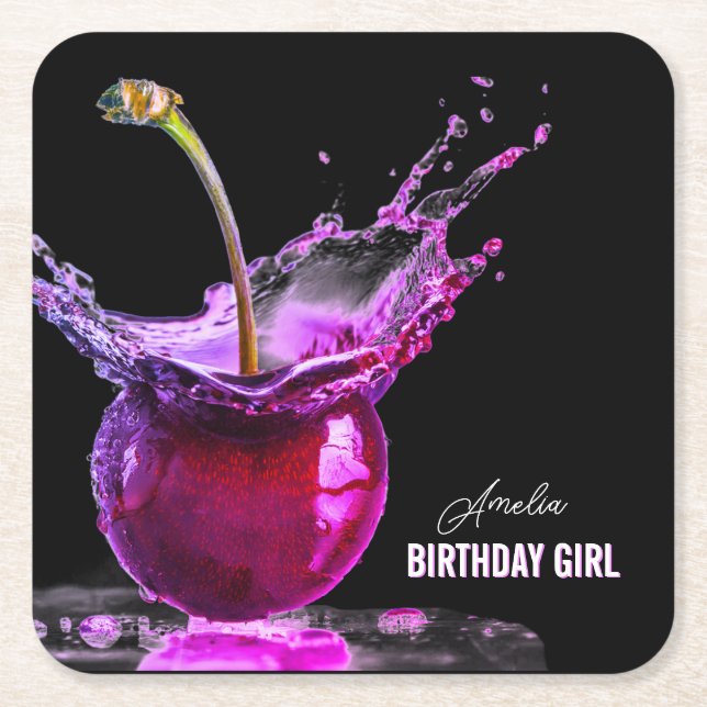 Posavasos Cuadrado De Papel Neon Cherry Personalizado (Anverso)