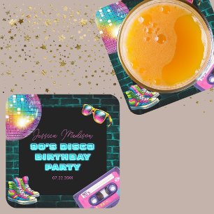 Posavasos Cuadrado De Papel Neon Disco Birthday de los 90
