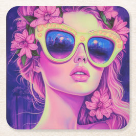 Posavasos Cuadrado De Papel Neon Dream Chica con gafas de sol florales
