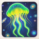 Posavasos Cuadrado De Papel Neón ellyfish cósmico<br><div class="desc">Este diseño presenta una medusa de color amarillo neón y verde flotando en el espacio con un fondo galáctico cósmico.</div>