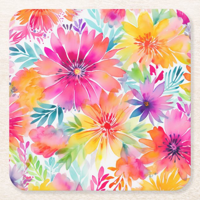 Posavasos Cuadrado De Papel Neon Floral Watercolor Fiesta (Anverso)