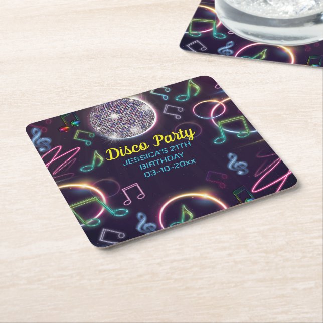 Posavasos Cuadrado De Papel Neon Glow Disco Dance Birday Party (En perspectiva)