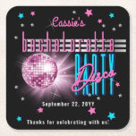 Posavasos Cuadrado De Papel Neon Look Disco Ball Bachelorette de Retro 70<br><div class="desc">Recorra los años 70 y tome un fiesta en el lado salvaje con esta bola de disco retro "Bienvenidos" al diseño "Bachelorette Disco Fiesta" de color rosa, azul eléctrico, con un tono rosado y plateado con estrellas en tonos rosa, azul y plateado (no Relieve metalizado), todo ello sobre un fondo...</div>