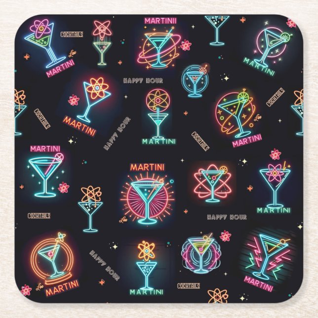 Posavasos Cuadrado De Papel Neon Rótulo Space Age Atomic Martini Cocktails Pri (Anverso)