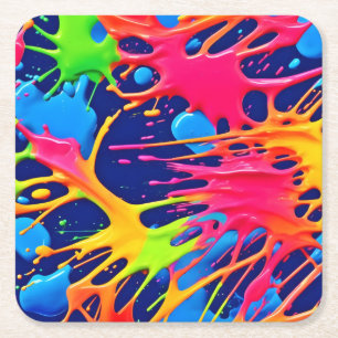 Posavasos Cuadrado De Papel Neon Splatter: Resumen del arte vibrante