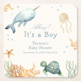 Posavasos Cuadrado De Papel Neutral Ahoy Bajo El Baby Shower De Sea Whale Boy