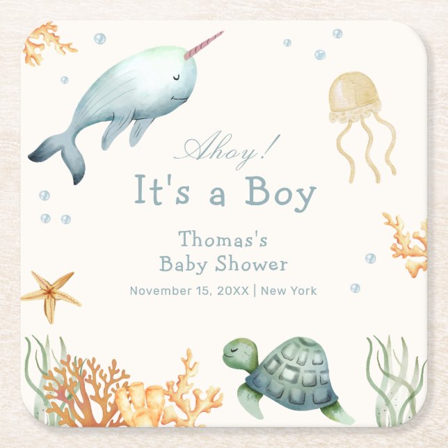 Posavasos Cuadrado De Papel Neutral Ahoy Bajo El Baby Shower De Sea Whale Boy (Anverso)