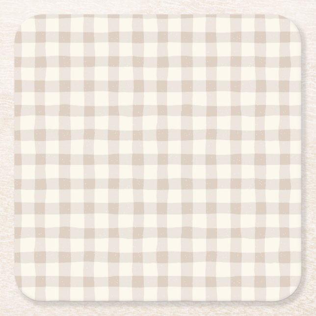 Posavasos Cuadrado De Papel Neutral Tan Gingham (Anverso)