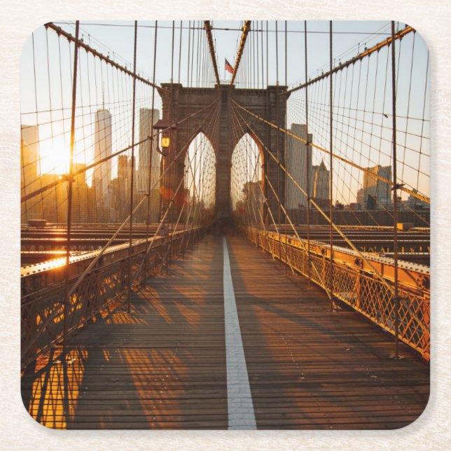 Posavasos Cuadrado De Papel New York City Brooklyn Bridge Sunrise (Anverso)