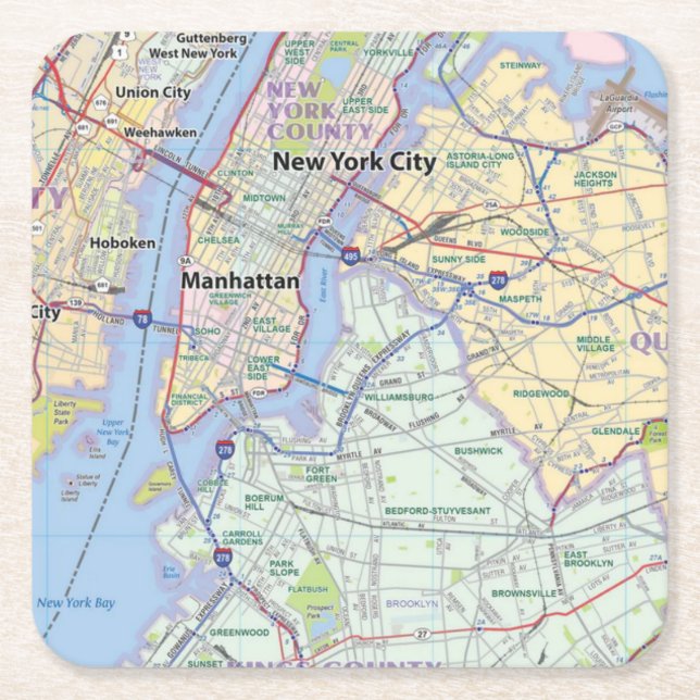 Posavasos Cuadrado De Papel New York City Metro Area Wall Map (Anverso)