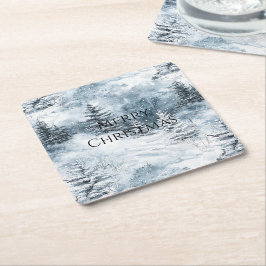 Posavasos Cuadrado De Papel Nieve de invierno de árboles blancos azules de Nav