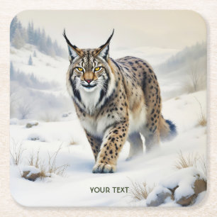 Posavasos Cuadrado De Papel Nieve de invierno de Fantasy Cute Lynx