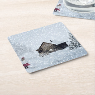 Posavasos Cuadrado De Papel Nieve de navidades en la cabina