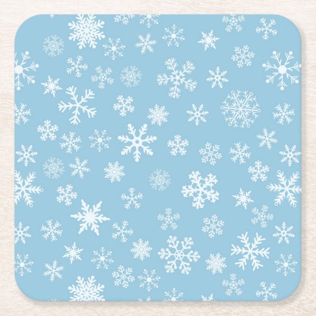 Posavasos Cuadrado De Papel Nieve en fondo azul claro (Anverso)