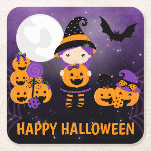 Posavasos Cuadrado De Papel Niña bruja linda y calabazas feliz Halloween
