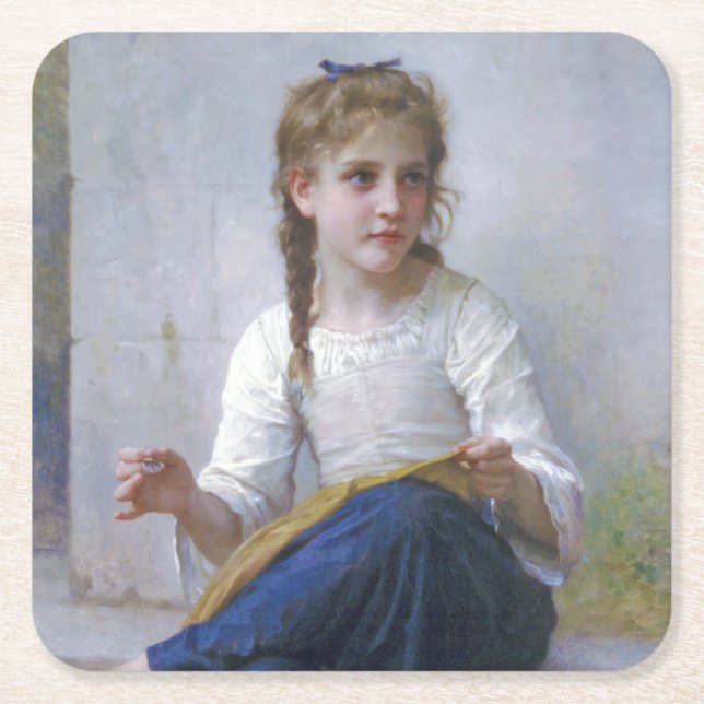 Posavasos Cuadrado De Papel Niña Cosiento, Bouguereau (Anverso)