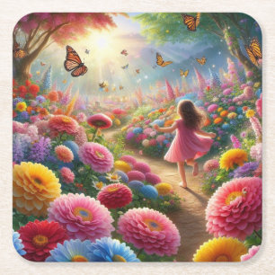 Posavasos Cuadrado De Papel Niña pequeña en un campo de flores y mariposas