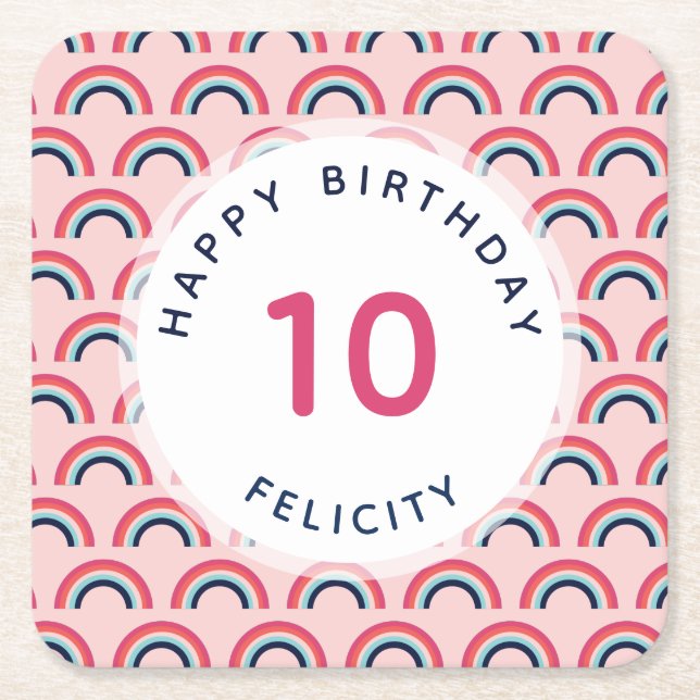 Posavasos Cuadrado De Papel Niñas Fiesta de Cumpleaños Nombre Personalizado Ed (Anverso)