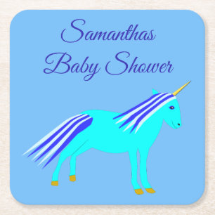 Posavasos Cuadrado De Papel Niño azul lindo Unicornio Personalizado Baby Showe