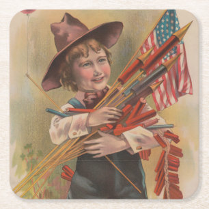 Posavasos Cuadrado De Papel Niño con Fuegos Artificiales, Bandera Americana, I