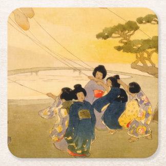 Posavasos Cuadrado De Papel Niños japoneses volando cometas - Bertha Lum - 191