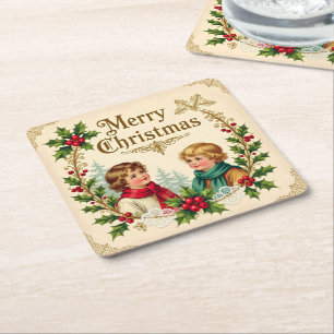 Posavasos Cuadrado De Papel Niños victorianos Feliz Navidad vintage