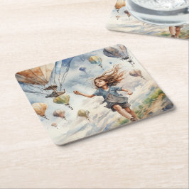 Posavasos Cuadrado De Papel niños volando cometas
