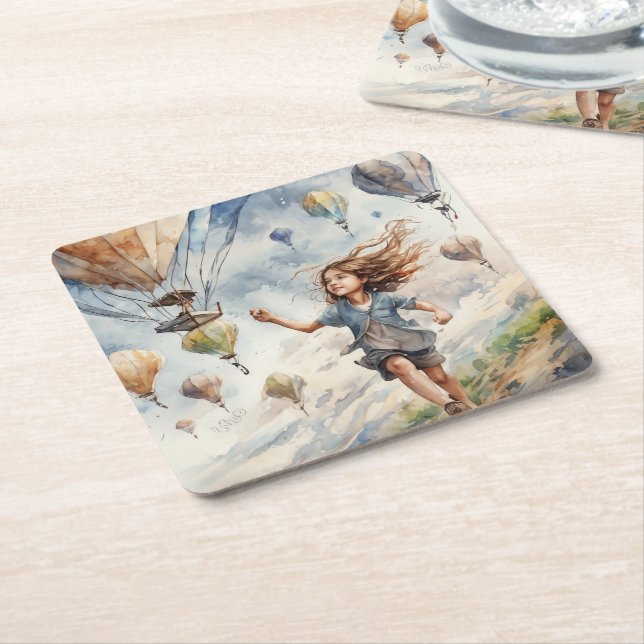 Posavasos Cuadrado De Papel niños volando cometas (En perspectiva)