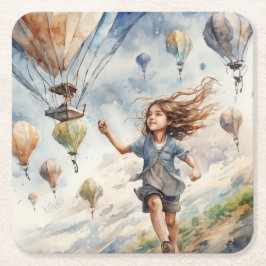 Posavasos Cuadrado De Papel niños volando cometas