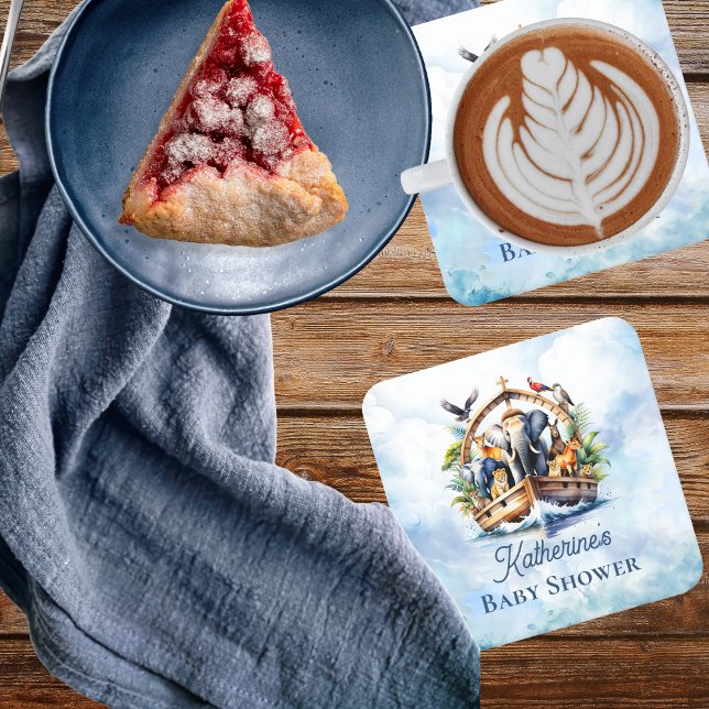 Posavasos Cuadrado De Papel Noah's Ark Cute Animals Blue Boy Baby Shower (Noah's Ark Cute Animals Blue Boy Baby Shower Coaster)